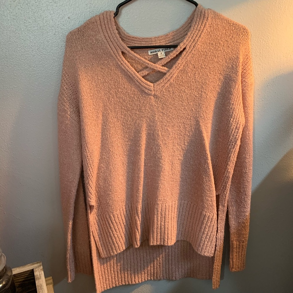 cross neck sweater shorter in front longer in back